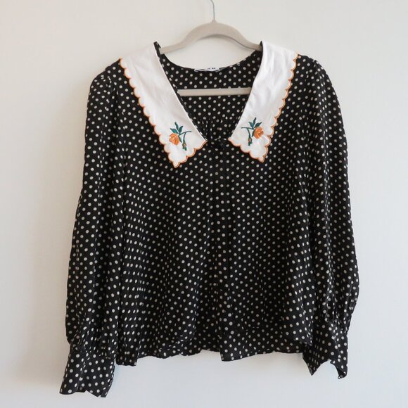 RIXO Lila 100% Silk Polka Dot Floral Embroidered Bib Collar Blouse Cottage Sz S - Picture 2 of 16